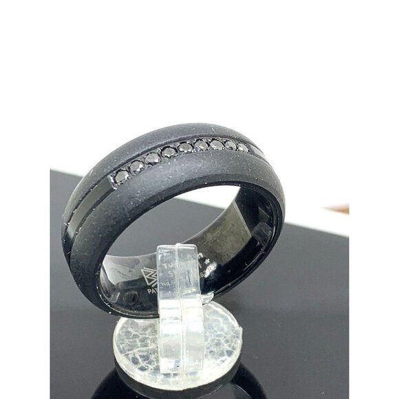 Men's Wedding Band Tungsten Steel Black Gemstones 9mm Wide Ring Size 10 - Picture 3 of 14
